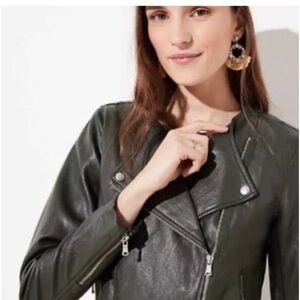 LOFT vegan leather moto jacket olive green-gray with silver tone zippers size 4
